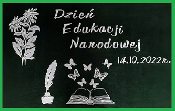 obrazek przedstawia napis Dzień Edukacji Narodowej z obrazkami książki, motyli, pióra i kwiatów