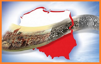 obrazek przedstawia rysunek granic Polski i wstęgę z obrazkami z historii Polski