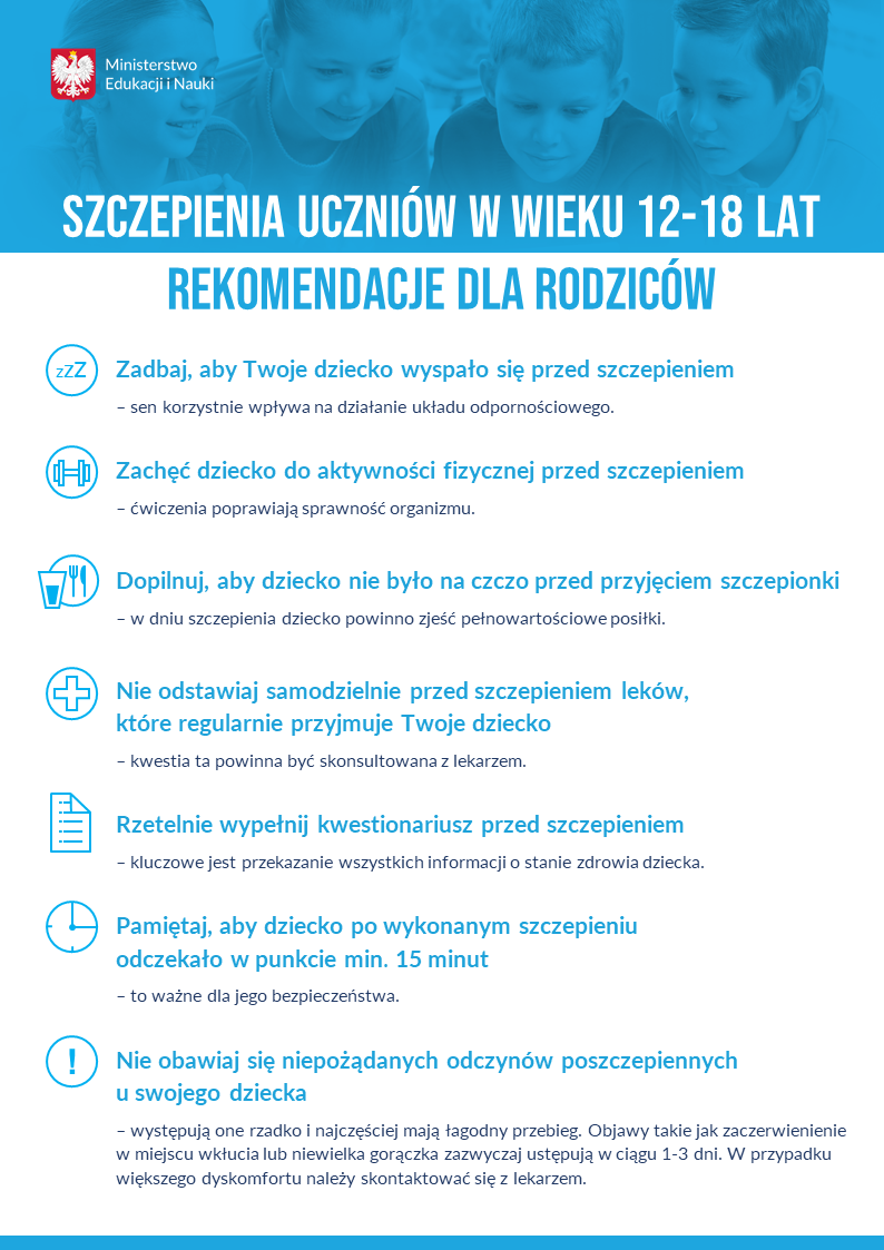 Szczepienia uczniów w wieku 12 18 lat rekomendacje dla rodziców plakat informacyjny